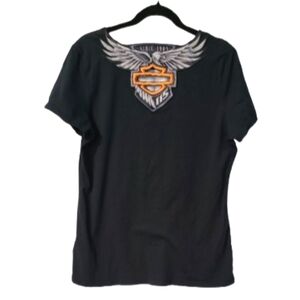 Vintage Harley Davidson Womens XXL Faded Spell Out Script Wings T-Shirt Black